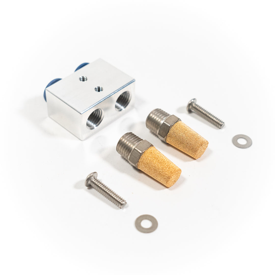 SDHQ Built Universal Push-to-Connect, NPT to Filter/Breather Block Close-up Display of Included Parts and Hardware 