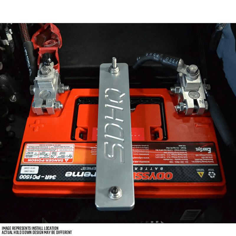 SDHQ Built Toyota Billet Battery Hold Down Battery Kit Installed 