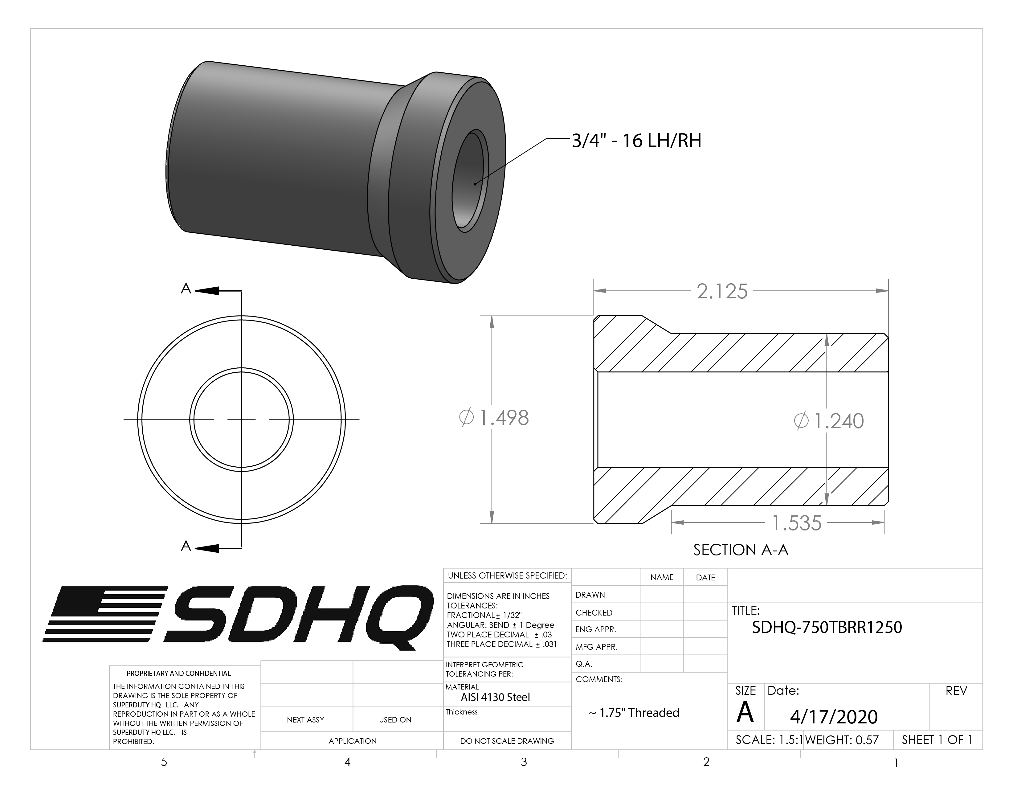 3/4" Race Style Chromoly Bung-1.50"x .120 Wall-16 LH/RH Race Style Bung Measurements