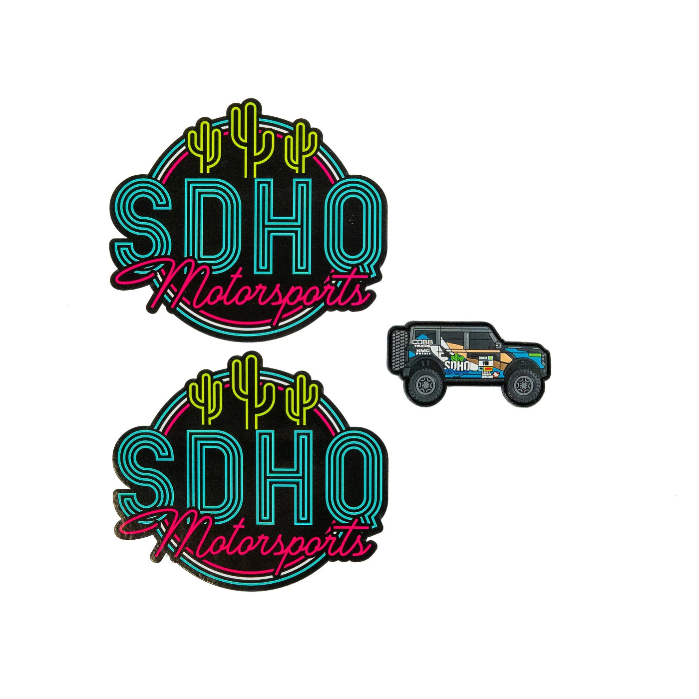 SDHQ Bronco Raptor Patch with Two SDHQ Motorsports Neon Sign Stickers display of all products included with purchase