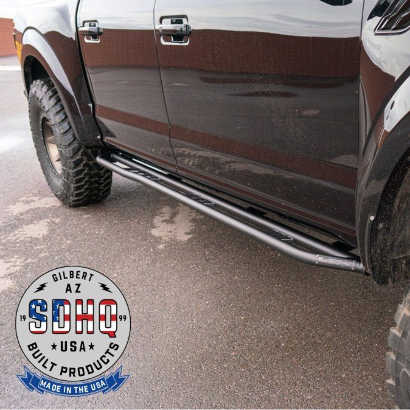 '17-Current Ford Raptor SDHQ Built Weld-On Rock Sliders close-up Display on Vehicle 