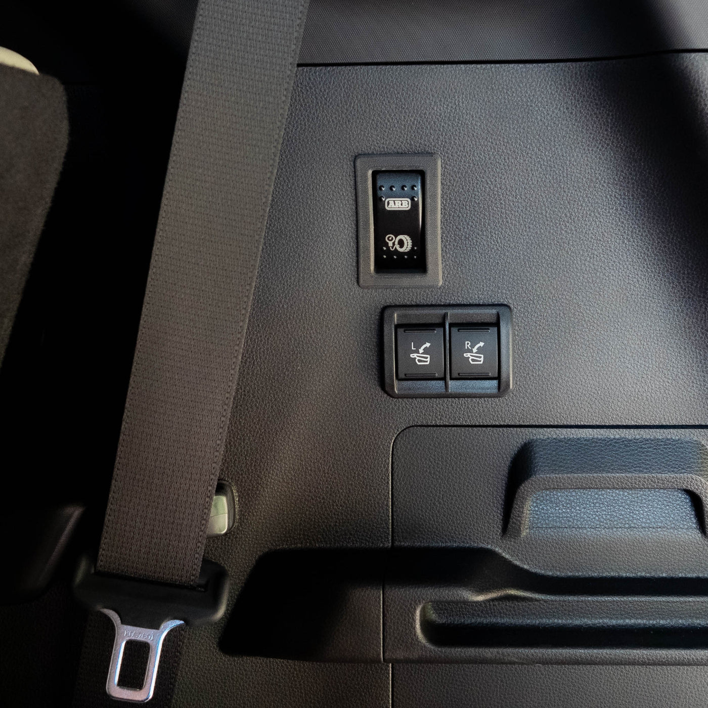 DISPLAY OF SDHQ BUILT TOYOTA SEQUOIA RECESSED SWITCH MOUNT INSTALLED FOR COMPRESSOR MOUNTING KIT