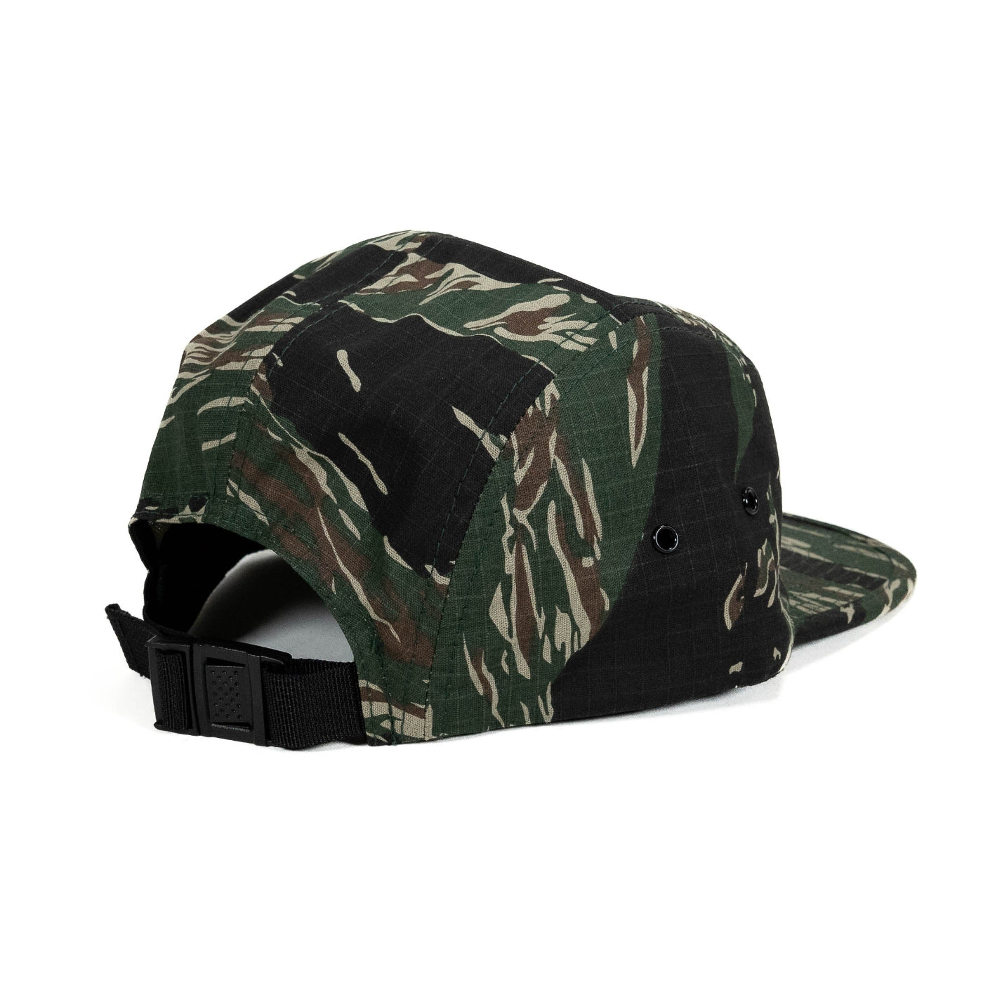 display of sdhq tiger stripe camo hat on white background, rear view to show closure clasp