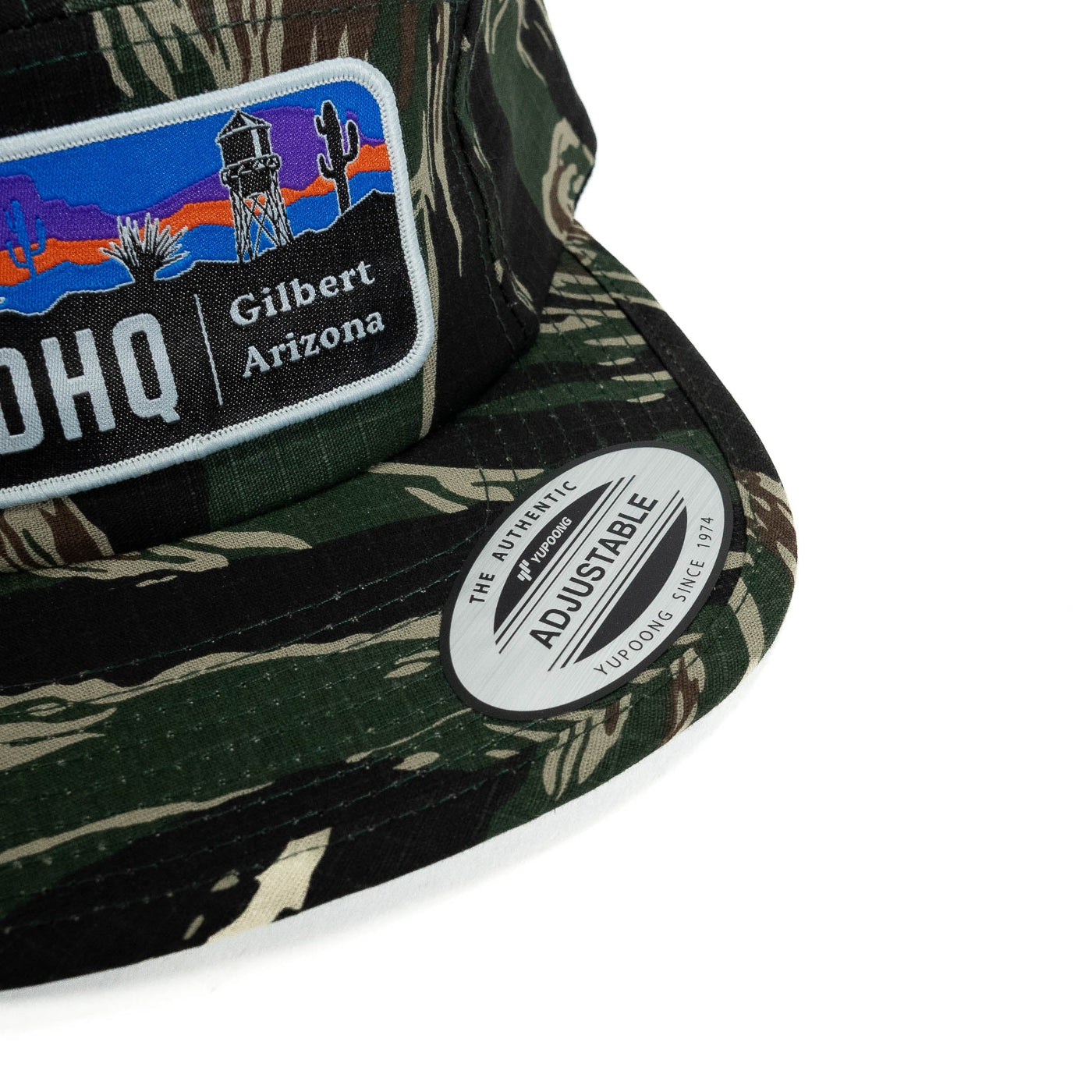 sdhq tiger streipe 5 panel hat display of label on hat